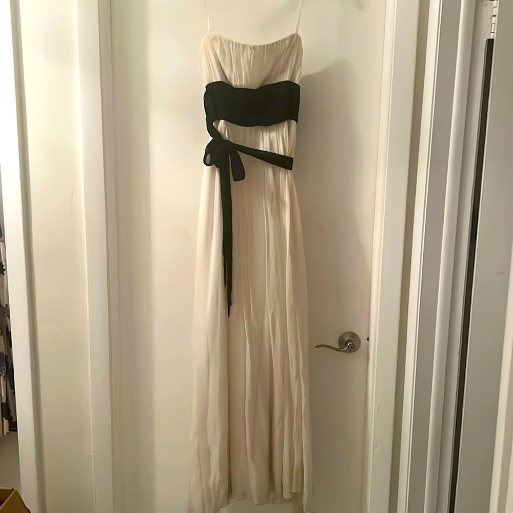 Off white beautiful BCBG long formal dress with black sache
